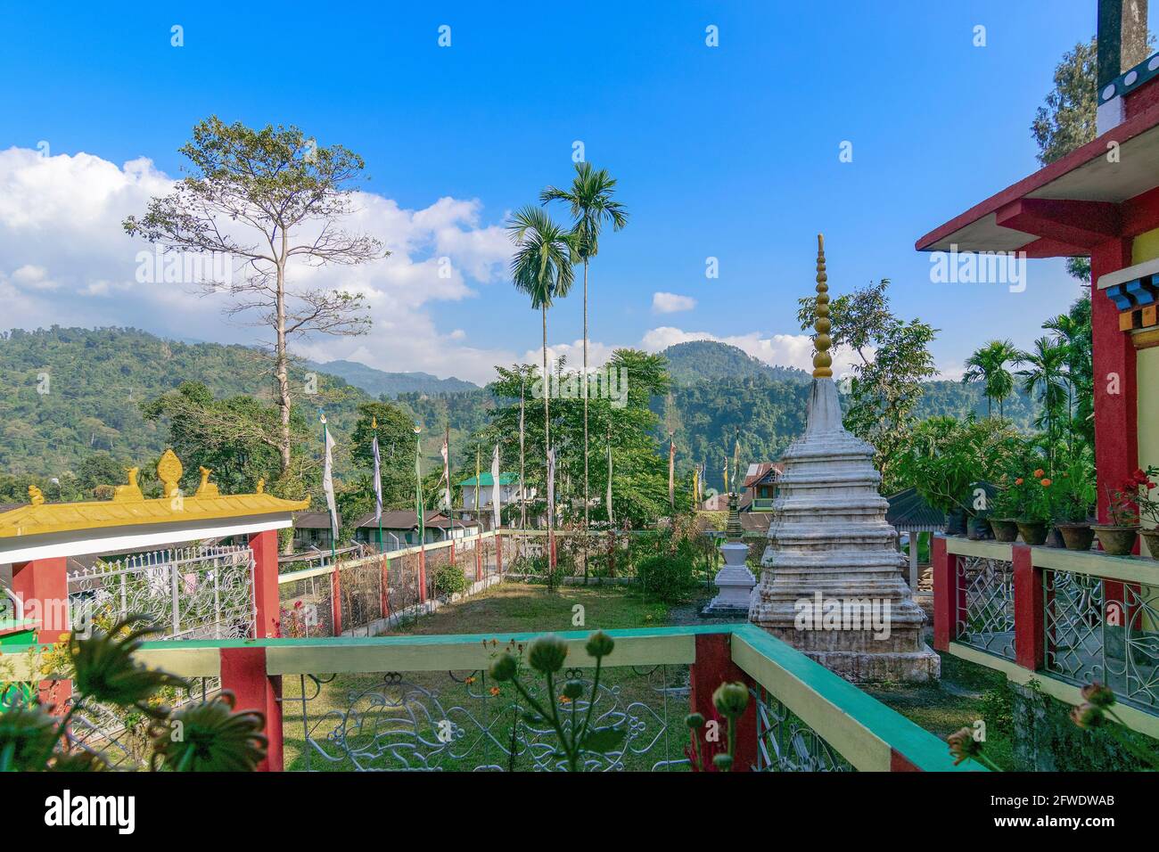 Beauriful view of Jhalong monastery at Dooars, West Bengal, India with blue sky in the background. Stock Photo
