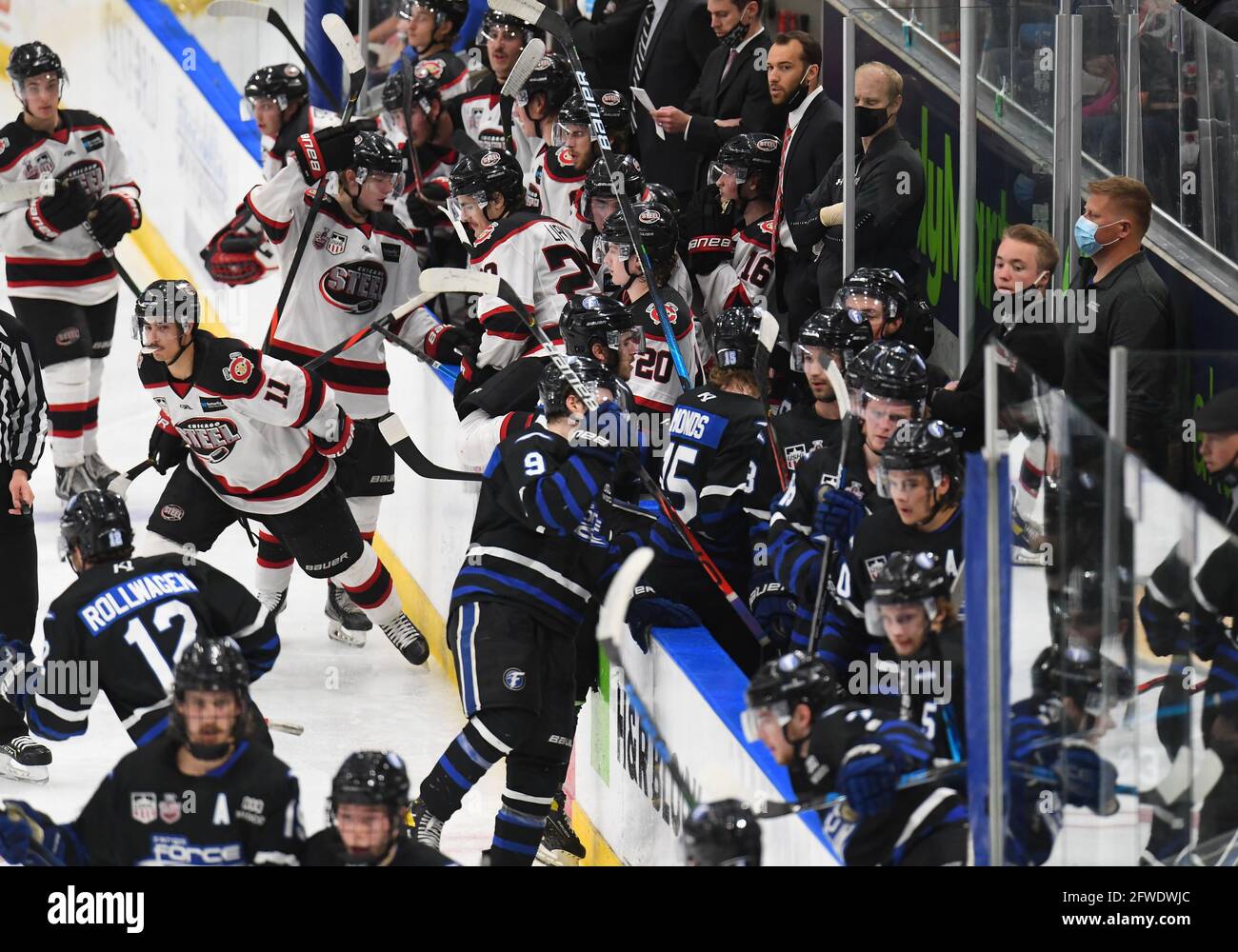 May 21, 2021: Both teams change players during game three of the Clark Cup championship USHL series between the Chicago Steel and the Fargo Force at Scheels Arena in Fargo, ND. Chicago won 7-1 and takes a two games to one lead in the five game series. Photo by Russell Hons/CSM Stock Photo