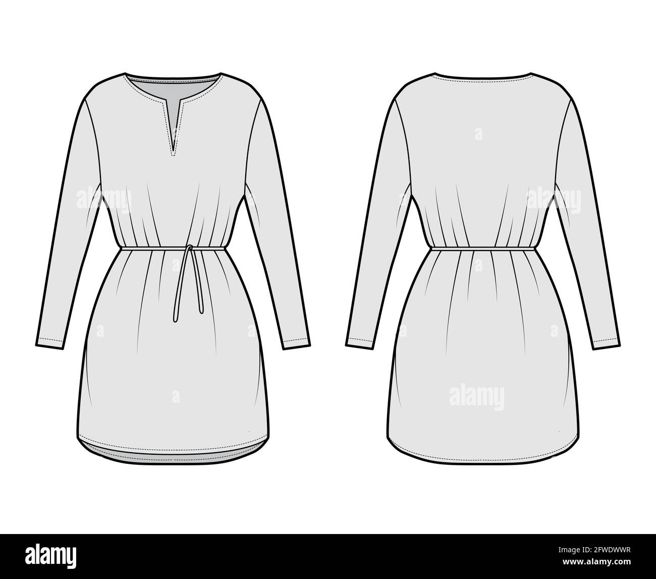 Dress tunic technical fashion illustration with tie, long sleeves, oversized body, mini length skirt, slashed neck. Flat apparel front, back, grey color style. Women, men CAD mockup Stock Vector