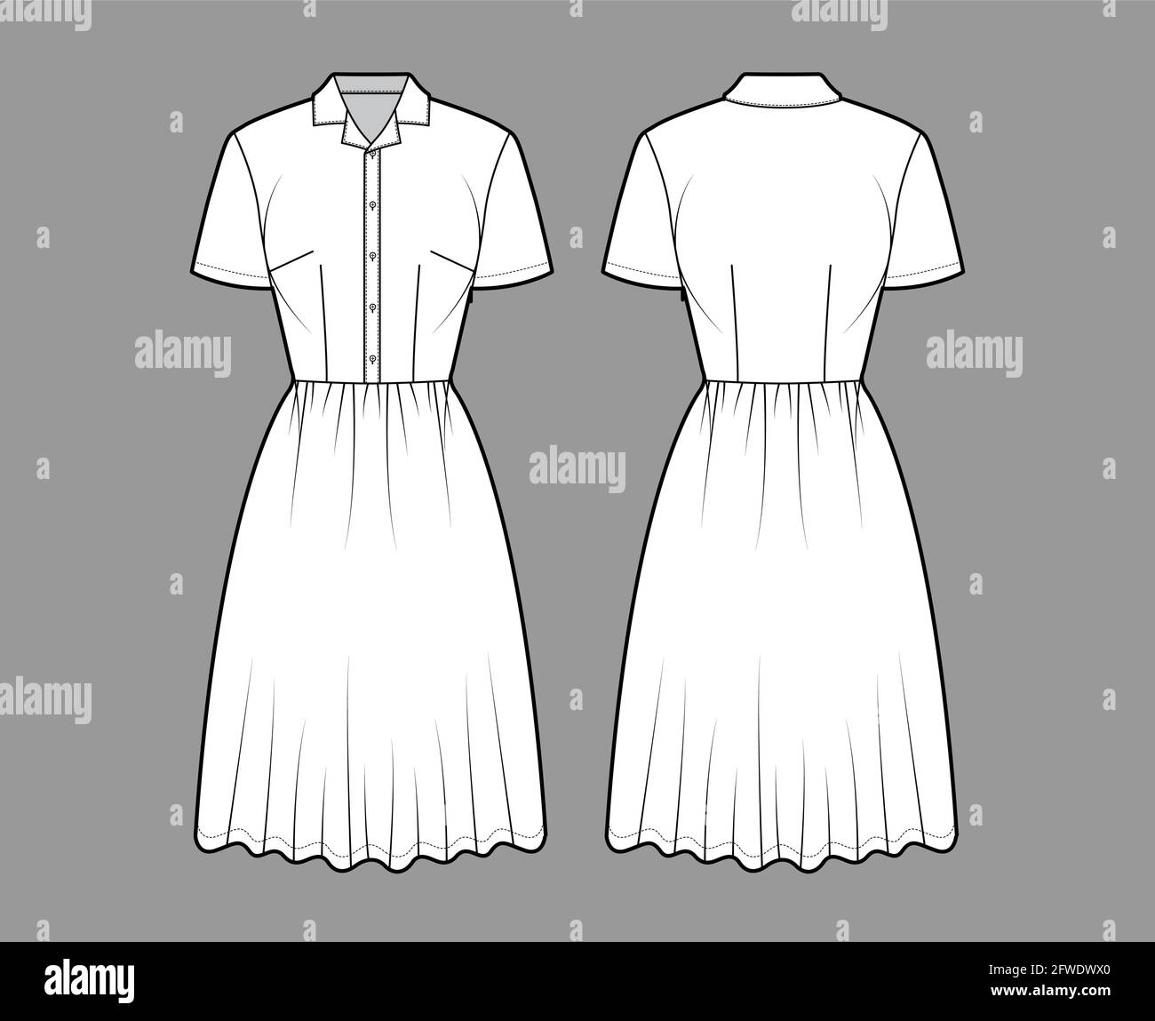 Dress house shirt technical fashion illustration with short sleeves, knee length full skirt, classic henley collar. Flat apparel front, back, white color style. Women, men unisex CAD mockup Stock Vector