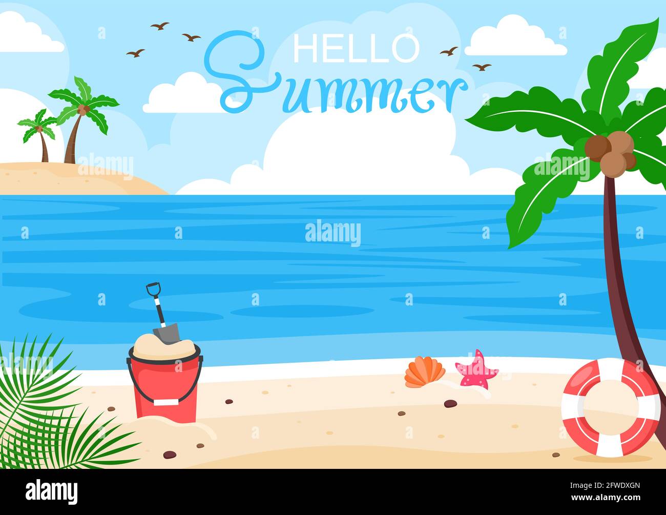 Happy Summer Time in Beach Seaside Vector Illustration for Background ...