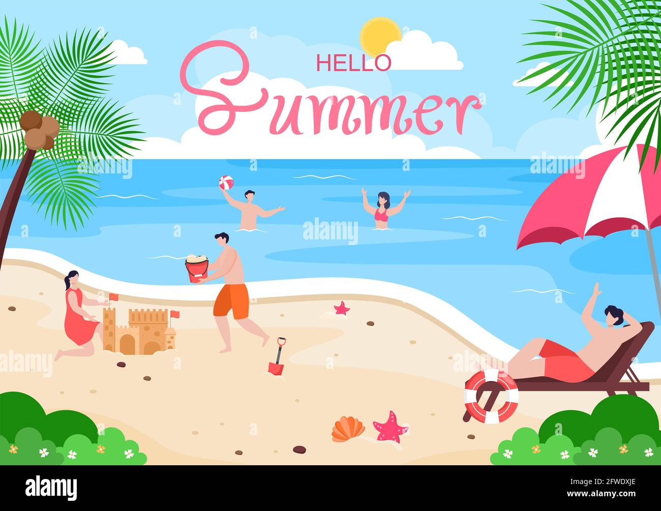 Happy Summer Time in Beach Seaside Vector Illustration for Background,  Wallpaper or Banners Stock Vector Image & Art - Alamy