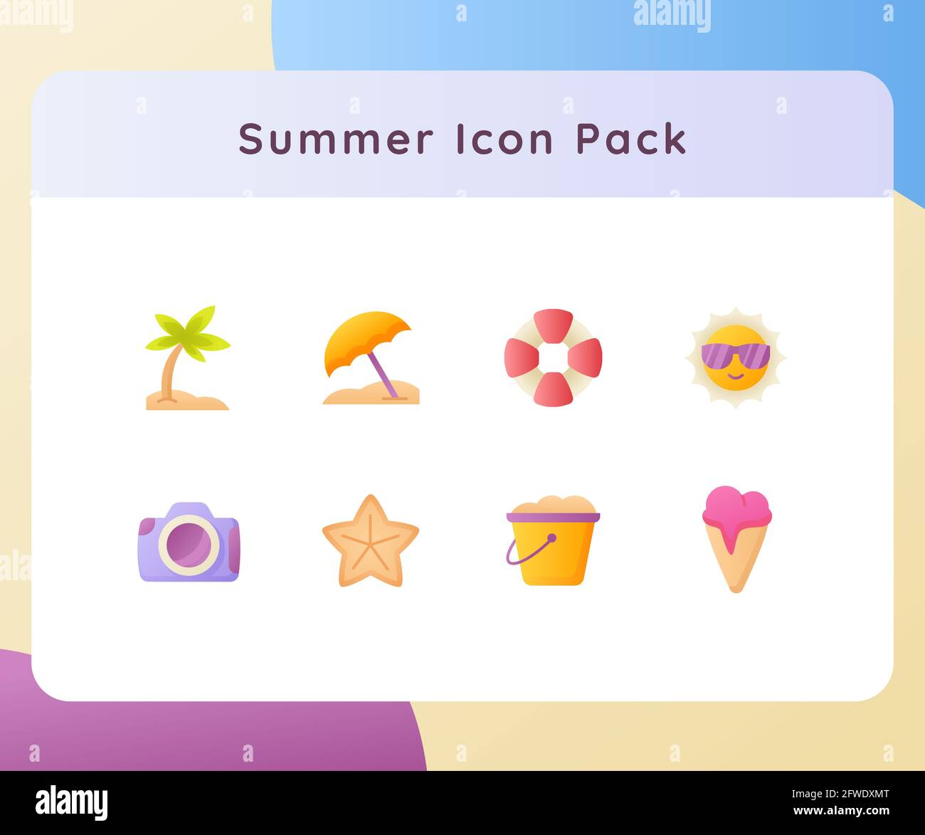 summer icon pack collection white isolated background with gradient ...