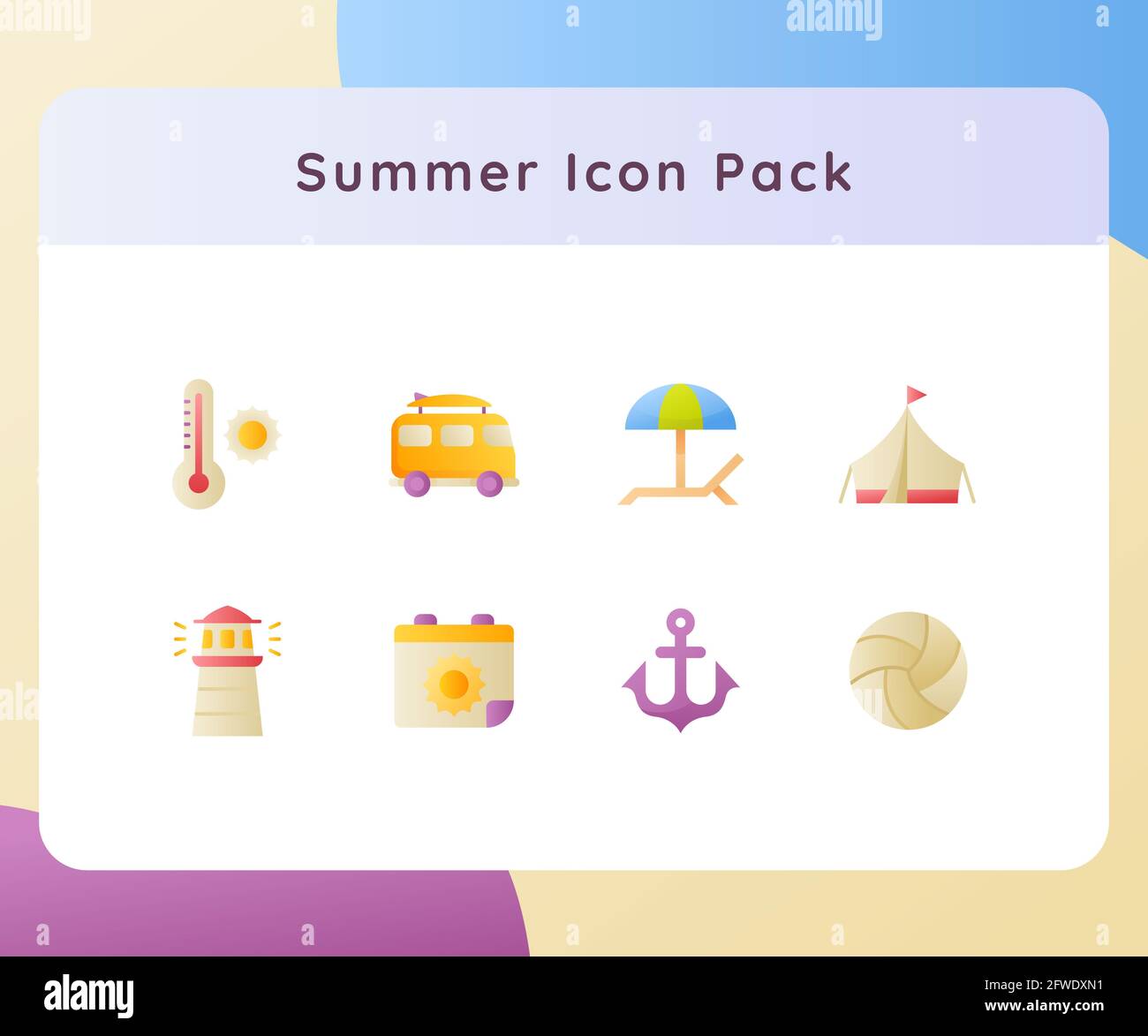 summer icon pack collection white isolated background with gradient ...