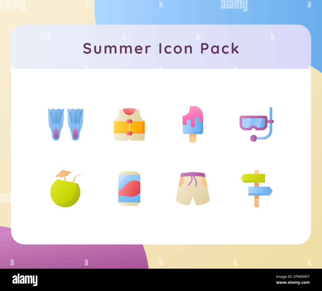 summer icon pack collection white isolated background with gradient ...
