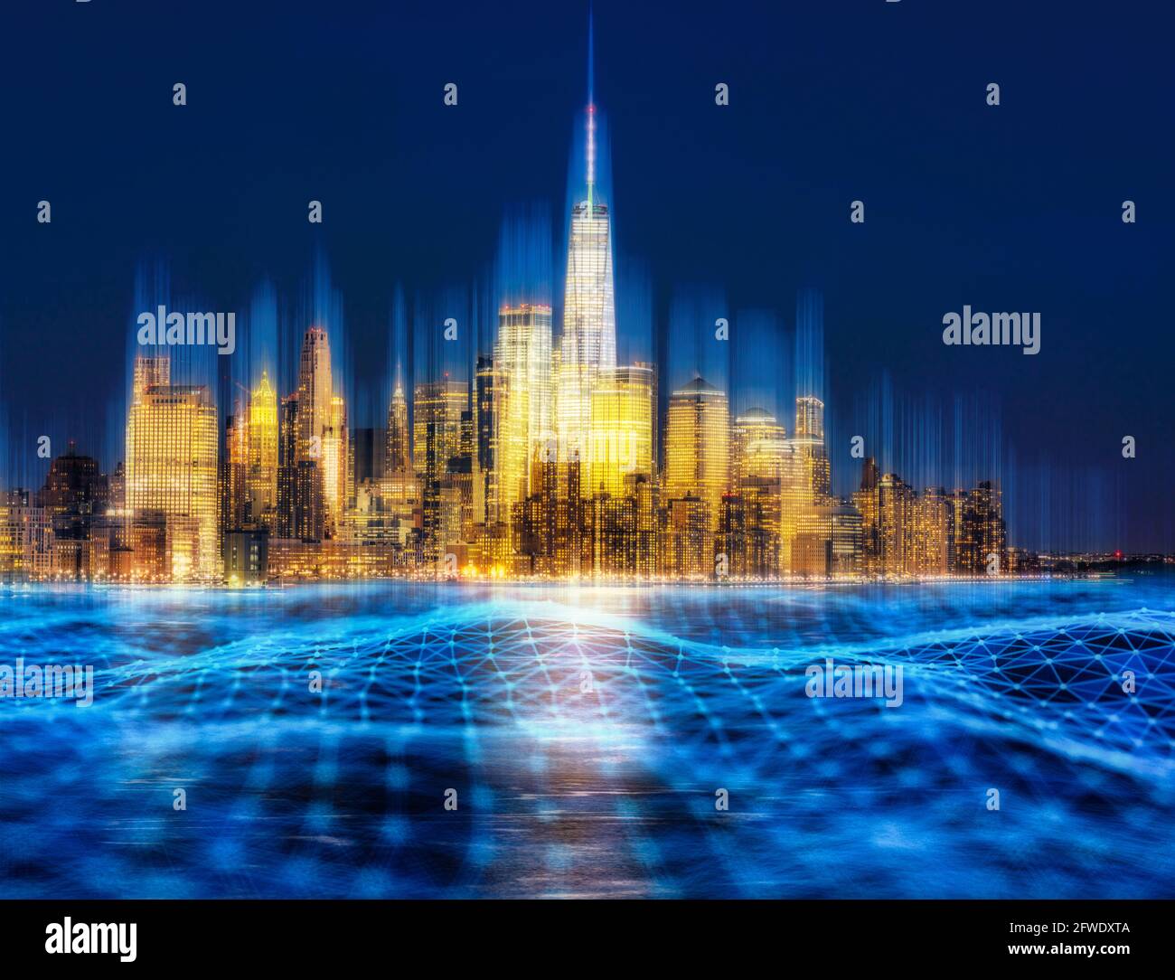 Smart City Technology and connection of New York ityscape river side at twilight time, USA, Taking from New Jersey, Cyberpunk color tone, Technology n Stock Photo