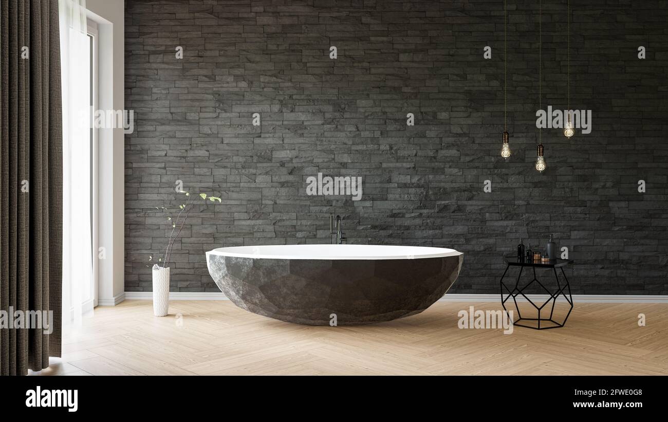 Grey bathroom interior with decorative objects, wooden floor and abstract bathtub. 3D-Illustration Stock Photo