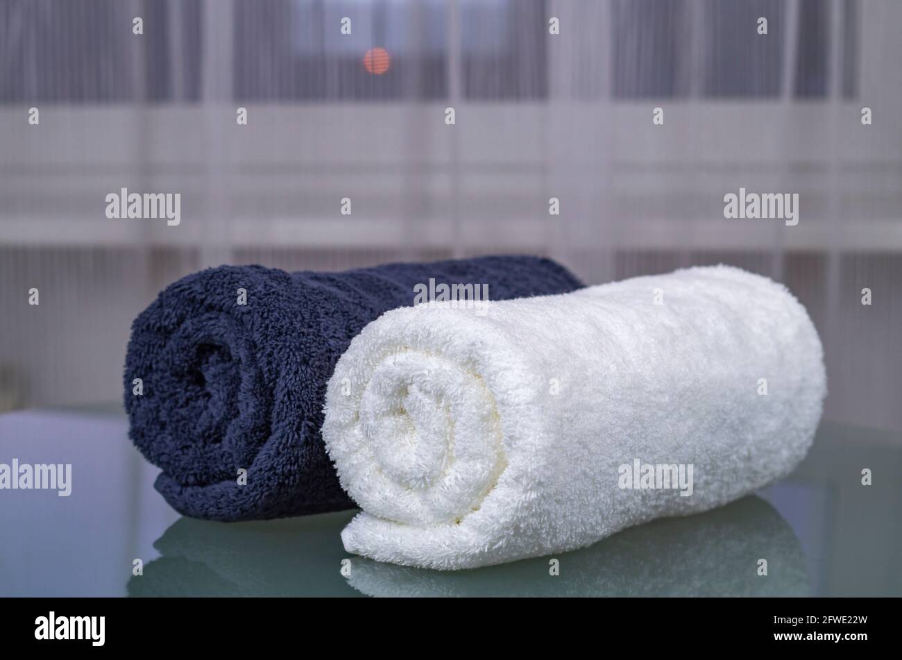 Towels, Close up of rolled white and blue fluffy towels, beauty