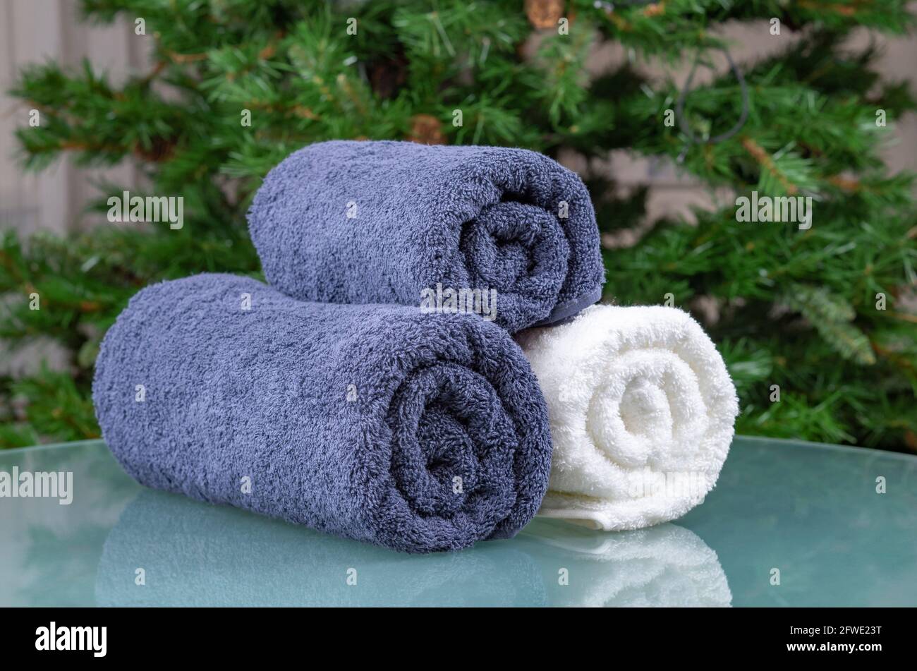 Towels, Close up of rolled white and blue fluffy towels, beauty