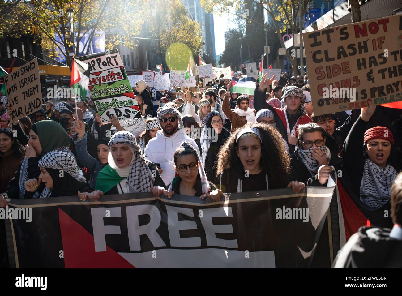 Melbourne, Australia. 22nd May 2021. For the second consecutive weekend, supporters of freedom for Palestine gather in Melbourne to protest the atrocities being committed against the indigenous Palestinian people in their homeland. This follows a ceasefire between Israeli and Palestinian forces announced the day before. Credit: Jay Kogler/Alamy Live News Stock Photo