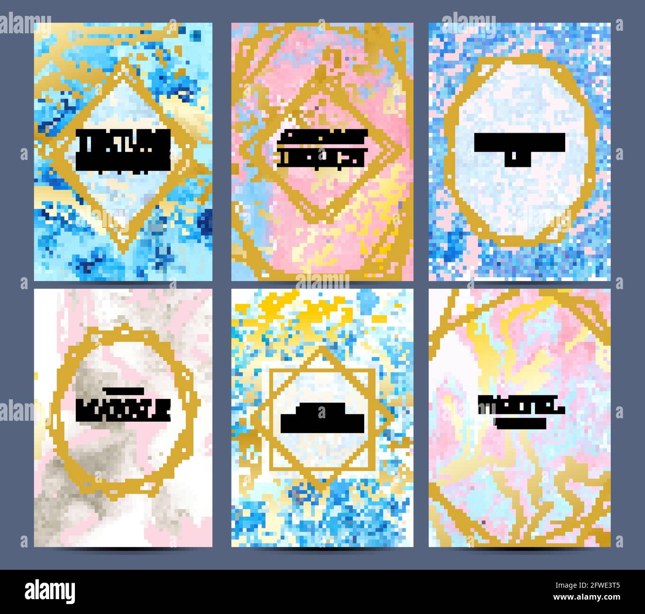 Watercolor marble posters. Abstract pastel texture with gold geometric frame and splash. Elegant template for cover or invitation vector set Stock Vector