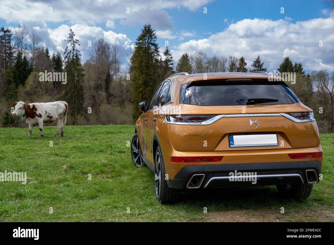 DS 7 Crossback E-Tense 4x4 hybrid on the background of rural landscape Stock Photo