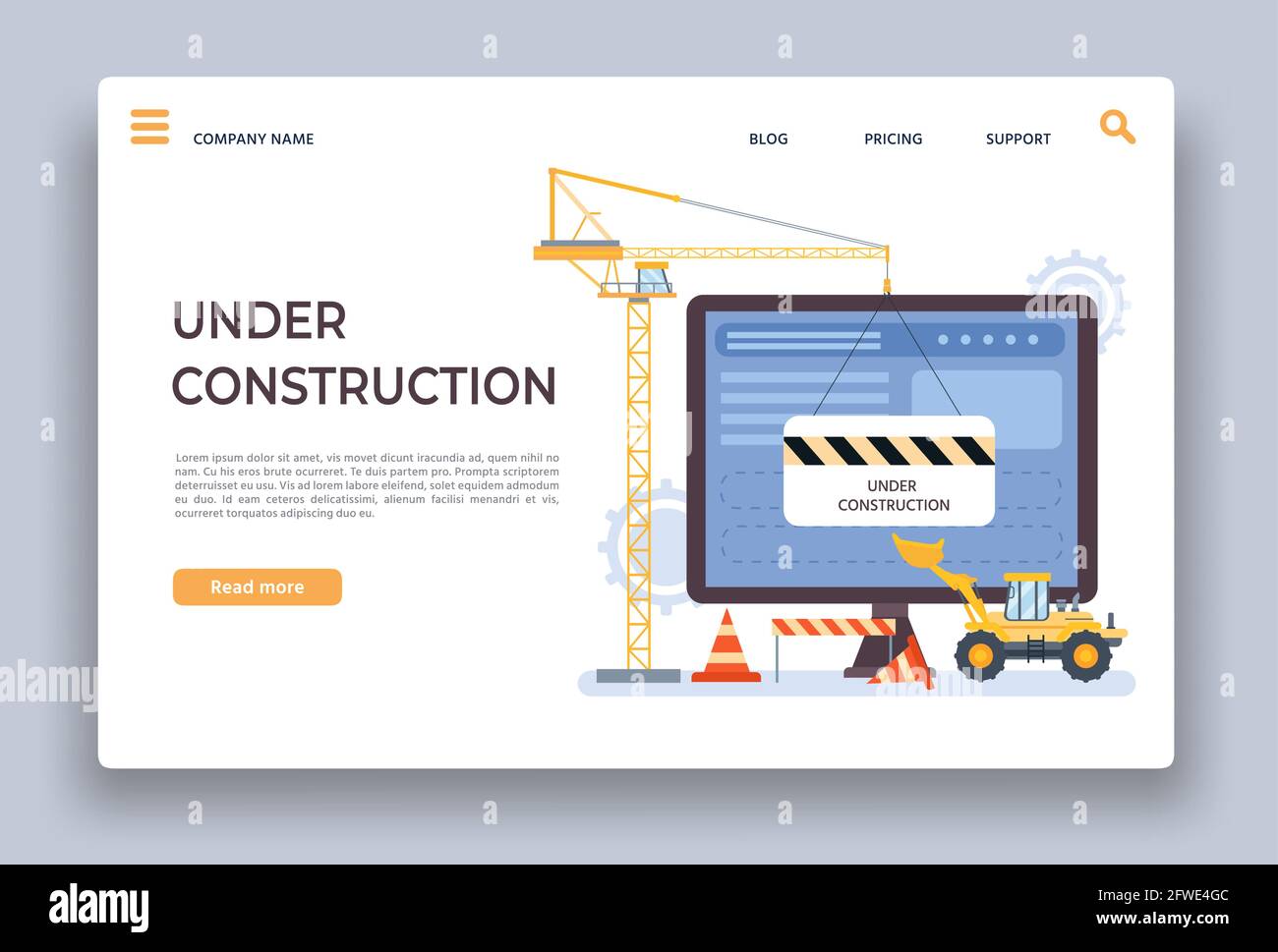 Website under construction. Landing page of developing site with crane, bulldozer and barrier. Webpage building work process vector template Stock Vector