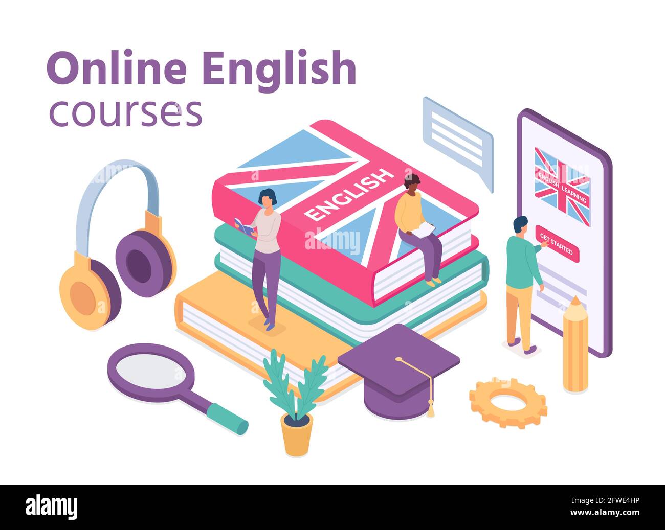 Isometric english courses. Online foreign language school with student learn vocabulary and reading books. Distance education vector concept Stock Vector