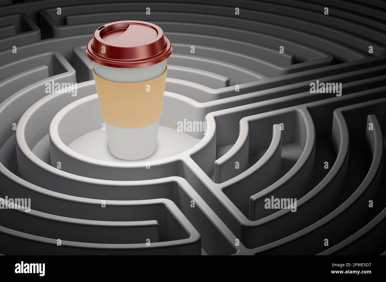 Caffeine dependence concept. Disposable cup of coffee inside labyrinth maze, 3D rendering Stock Photo