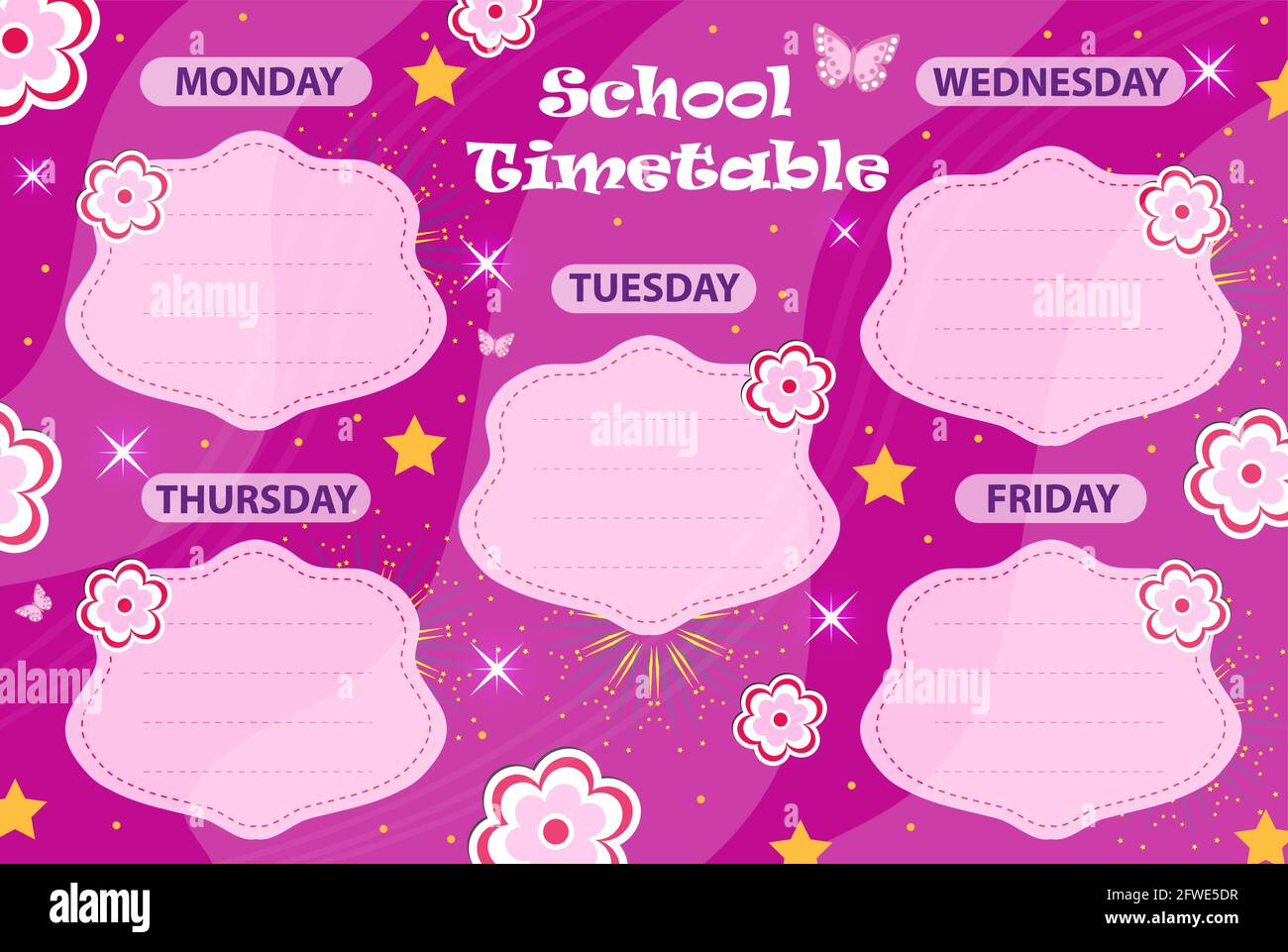 Weekly school timetable template with cute design elements. Weekday planner for kids. vector illustration Stock Vector