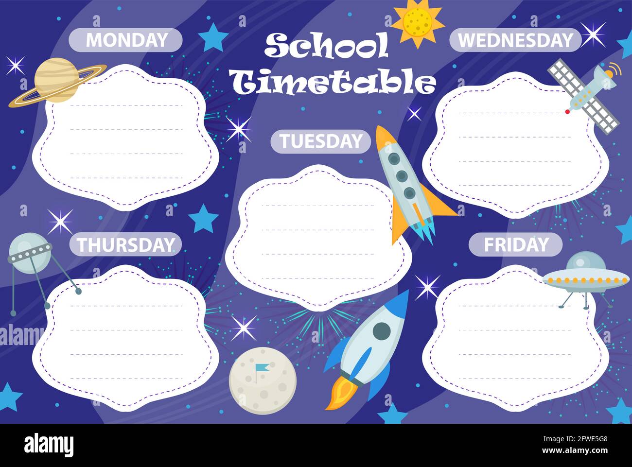 Weekly school timetable template with cute design elements. Weekday planner for kids. vector illustration Stock Vector