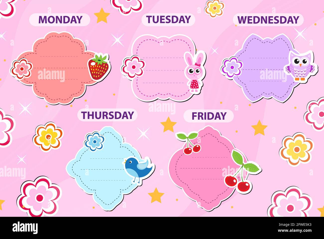 Weekly school timetable template with cute design elements. Weekday planner for kids. vector illustration Stock Vector