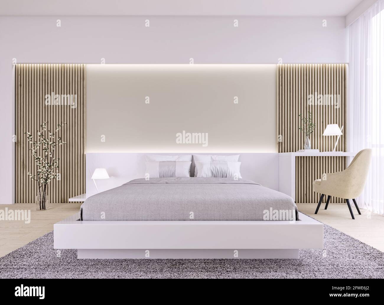 Modern interior design of bright spacious bedroom with wood slat wall and accent lighting, 3d rendering, 3d illustration Stock Photo