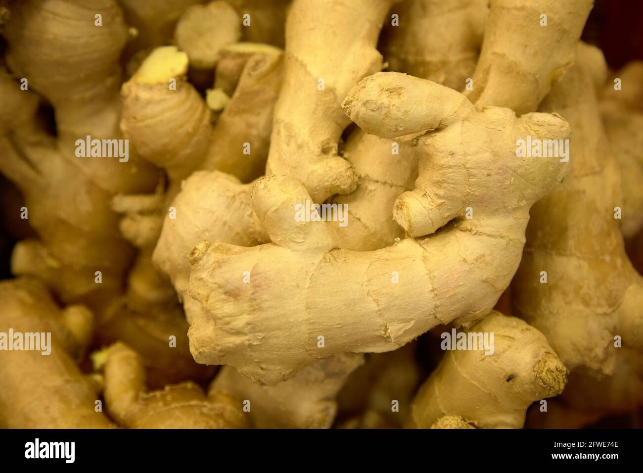 Fresh ginger on sale at a fresh produce market in Hong Kong, Stock Photo