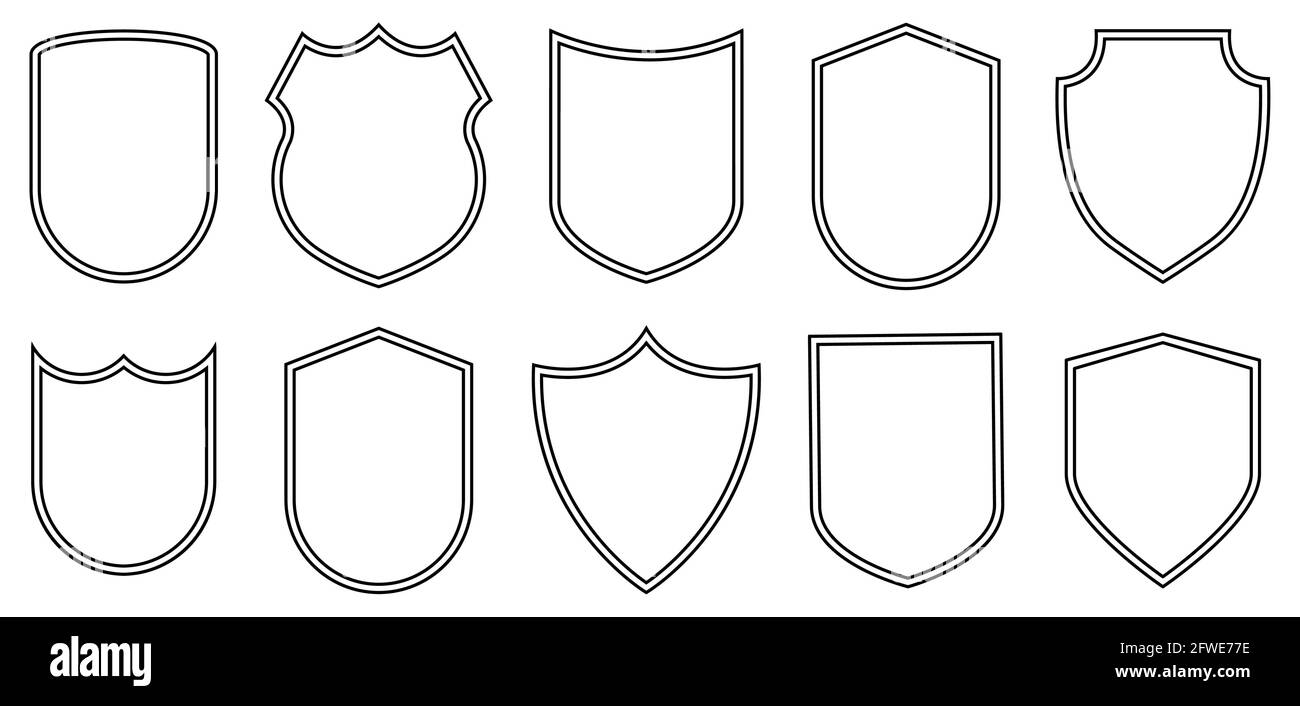 Set of outline badge shape. Line art style. Security, football patches isolated on white background Stock Vector