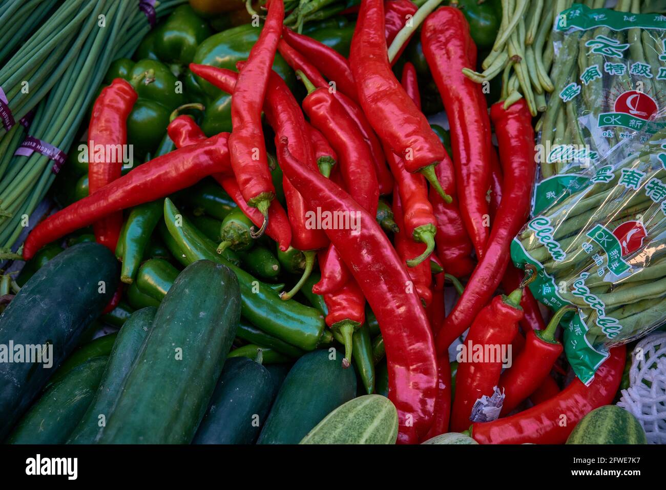 Close up details of  red chillies taken at a fresh produce market in Hong Kong. Stock Photo