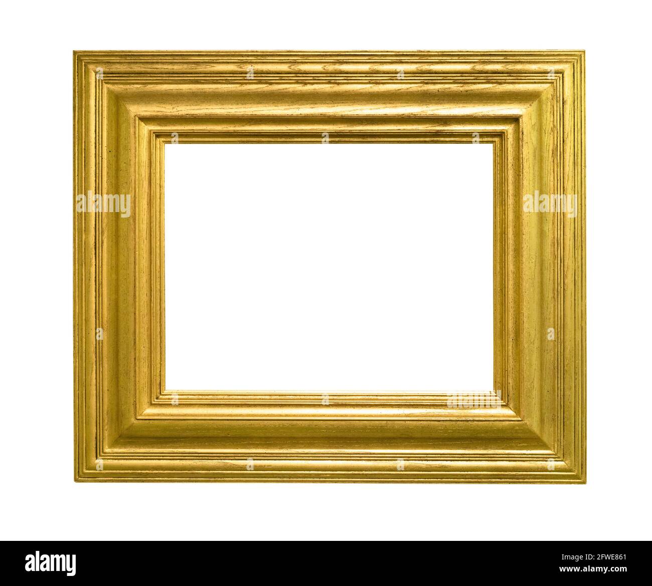 wide flat gold wooden picture frame with blank canvas cutout on white