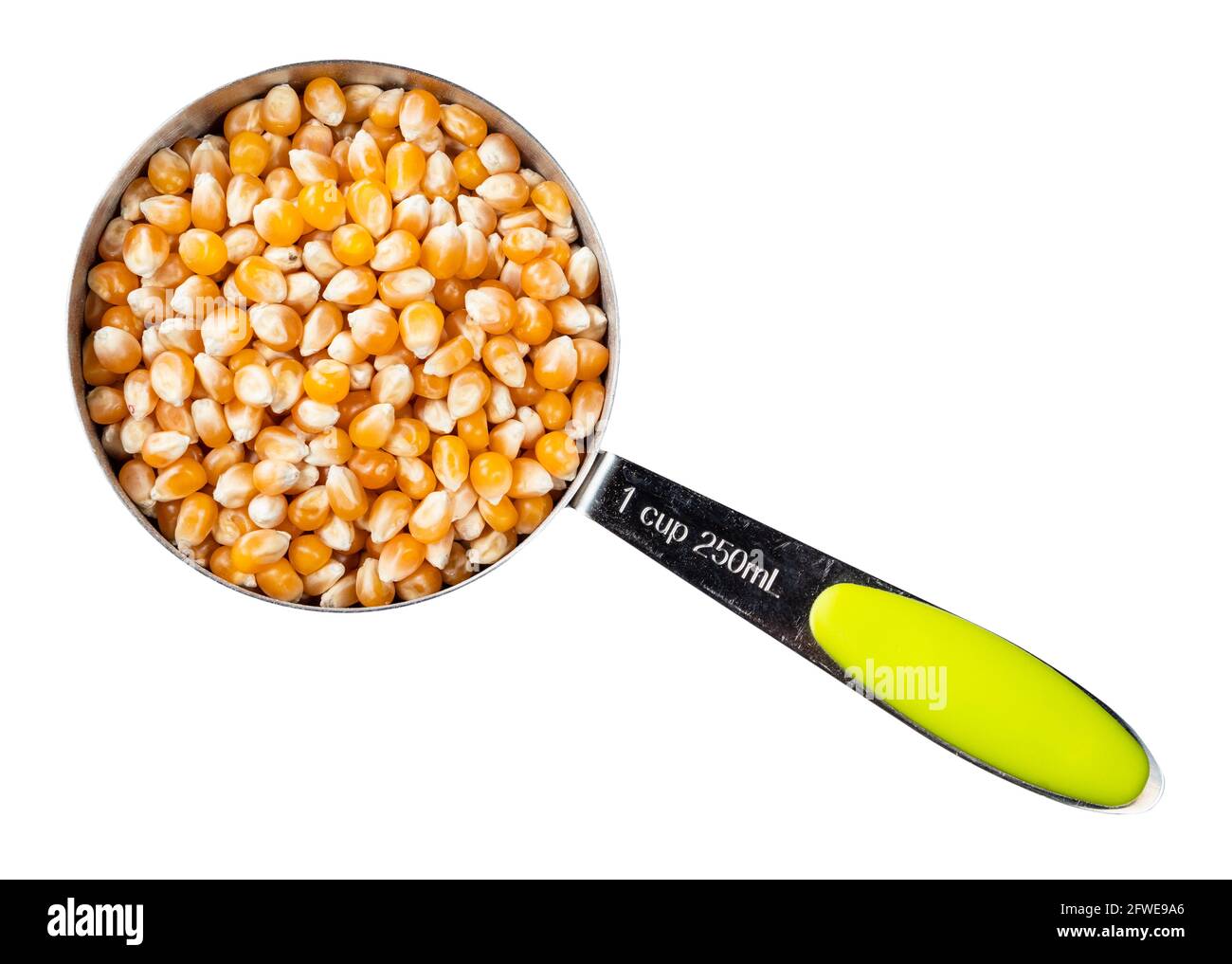 top view of raw maize (corn) seeds in measuring cup cutout on white