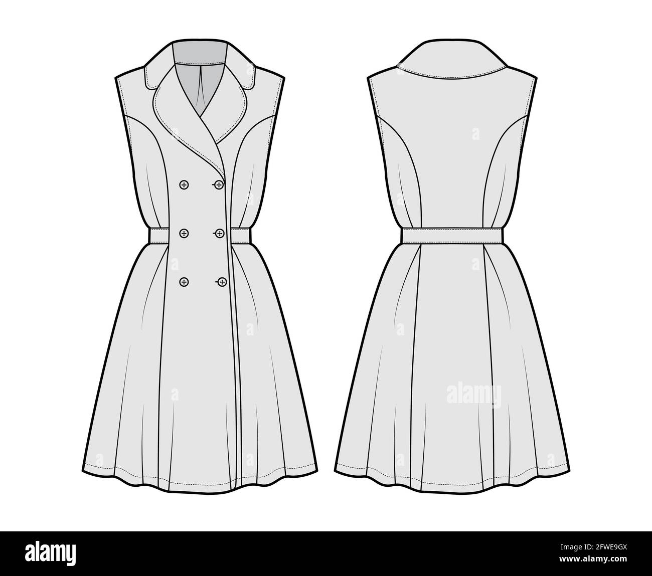 Dress coat trench technical fashion illustration with double breasted