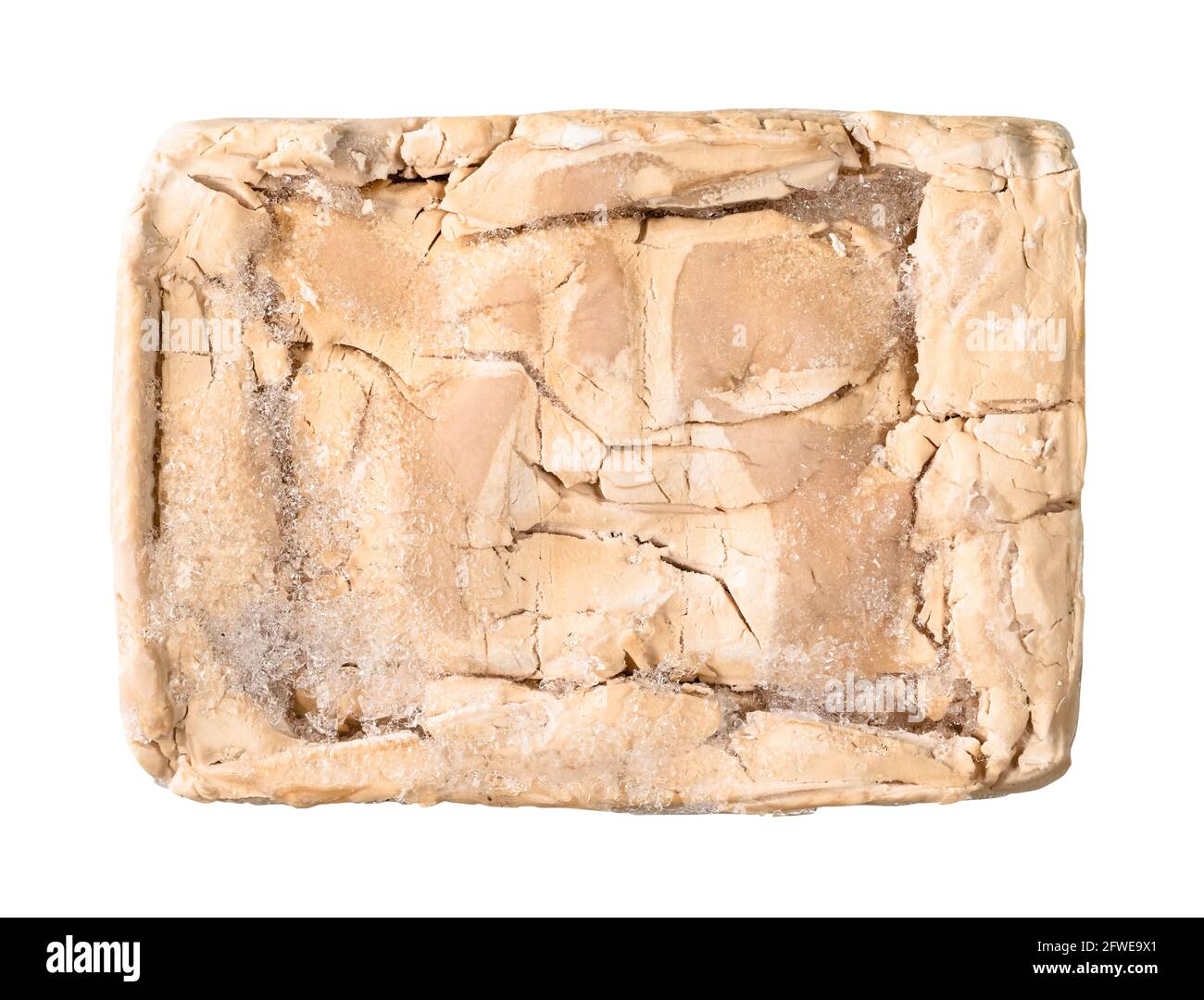 top view of fresh compressed yeast (cake yeast) cutout on white