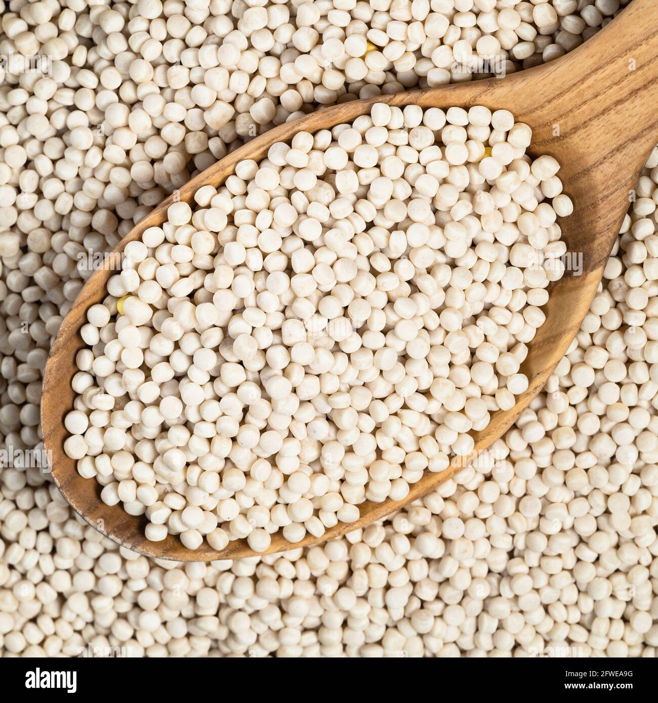 top view of uncooked ptitim (pearl couscous) in wooden spoon closeup Stock Photo