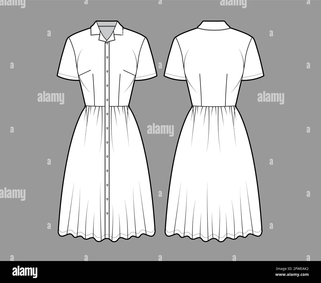 Dress shirt technical fashion illustration with short sleeves, camp collar, fitted body, knee length full skirt, button closure. Flat apparel front, back, white color style. Women, unisex CAD mockup Stock Vector