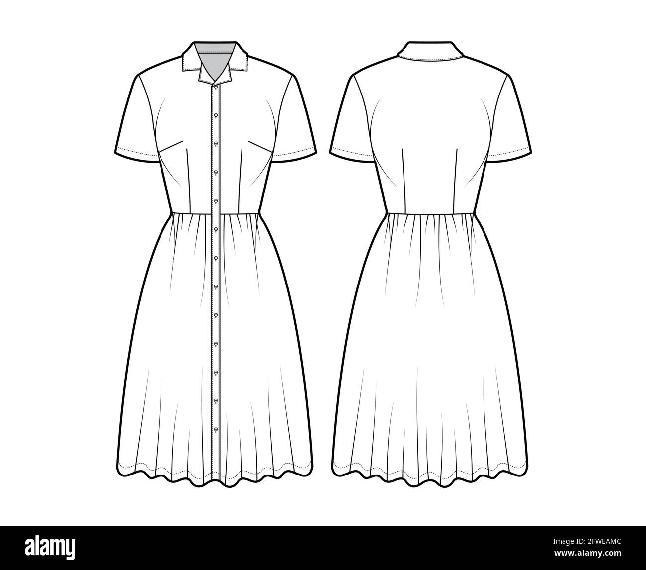 Shirt dress technical fashion illustration with classic collar knee  length fitted body Pencil fullness button up Flat apparel template  front white color Women men unisex CAD mockup Stock Vector Image  Art 