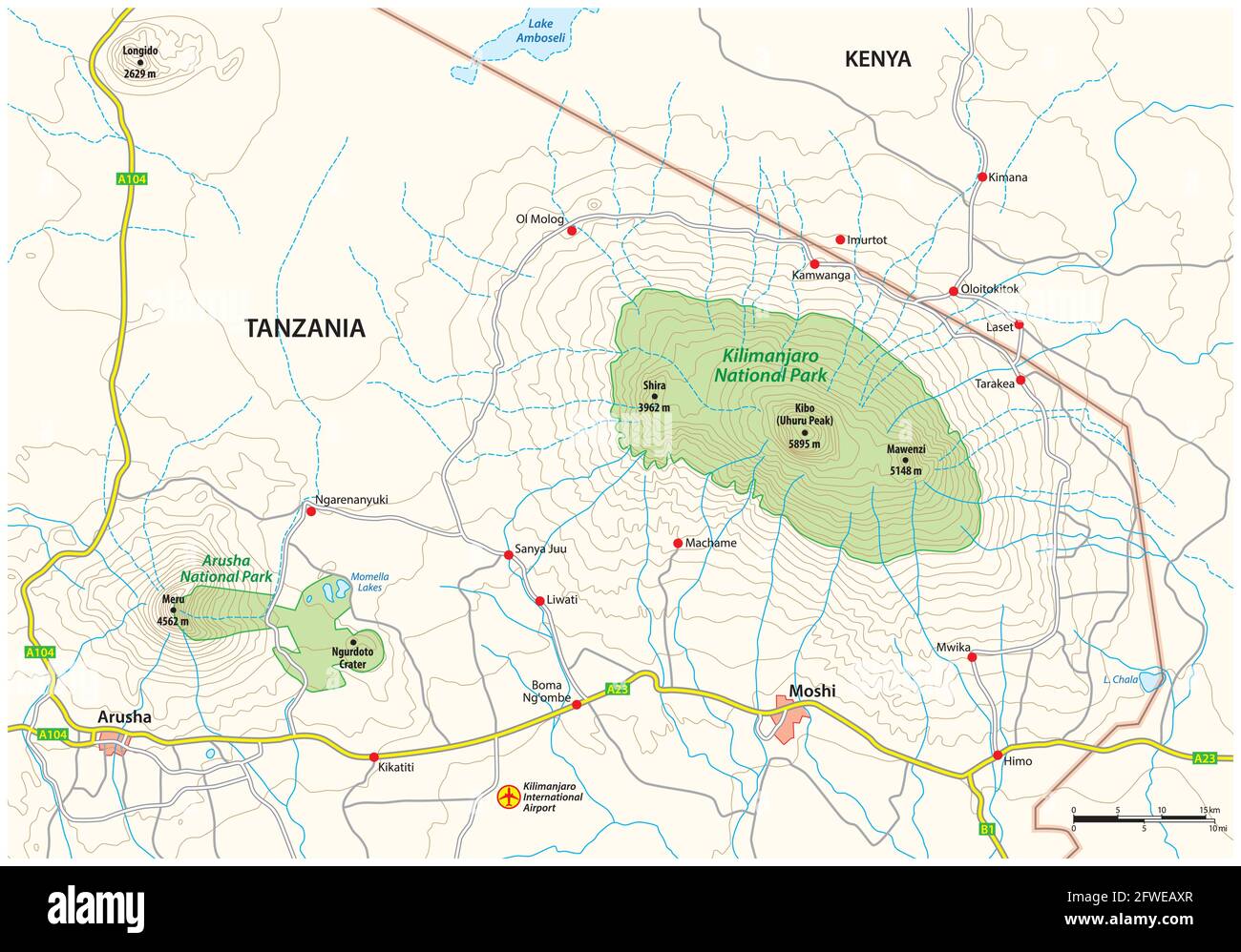 Map of the surroundings of Kilimanjaro National Park, Tanzania Stock Vector