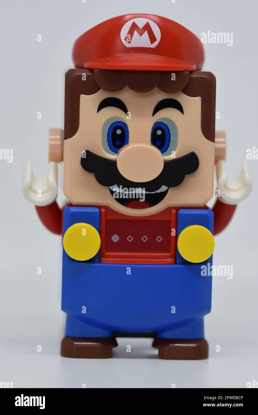 The front of a Super Mario Lego toy mini figure from the Lego set 71360  with a clean white background Stock Photo - Alamy