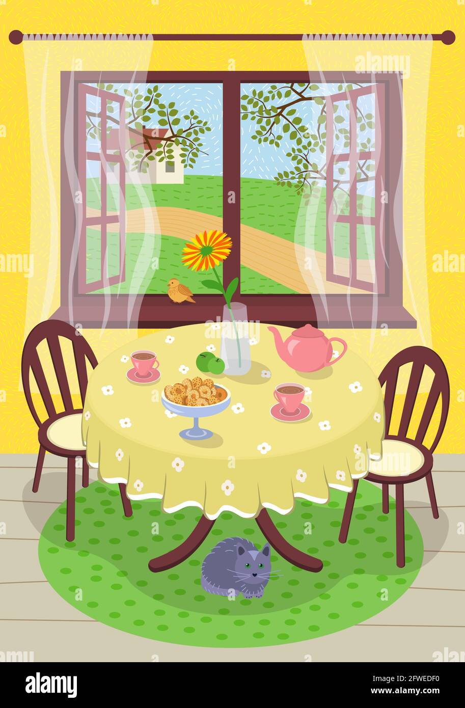 Summer hand drawn vector poster calm comfortable rest village home. Cozy summertime tea in interior country house. Teapot, cups and flower in vase on table. Foliage, lawn grass and path outside window Stock Vector