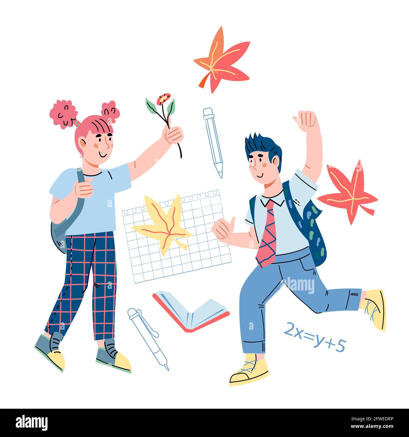 Cute school children with backpack going to school, cartoon vector ...