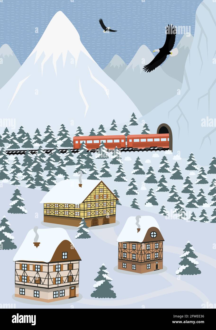 Winter hand drawn poster country scene in alpine mountains. Express train travels on railway and exits tunnel. Vector landscape snowy slopes with fir forest and European houses of highland settlement Stock Vector