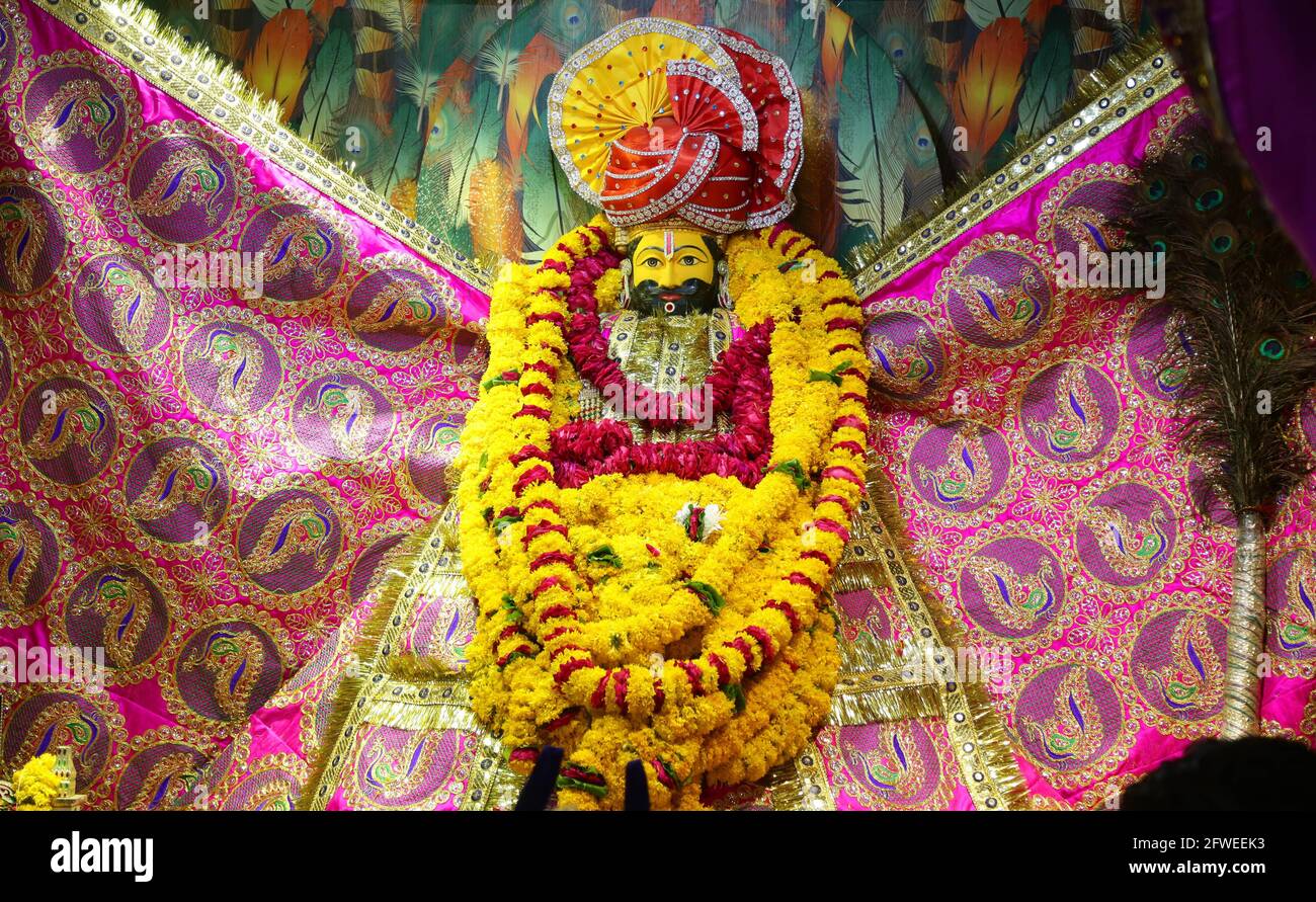 Beawar, Rajasthan, India, May 22, 2021: Idol of Hindu God Khatu Shyam Baba,  a form of Lord Krishna on the occasion Mohini Ekadashi at a temple in  Beawar. Shyam is a name