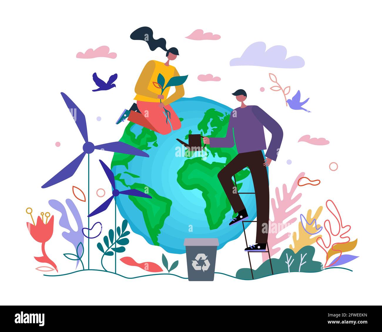 People save Earth ecology concept. Woman and man planting and watering planet. Eco-friendly green energy environment protection day. Global warming and climate change warning prevention illustration Stock Vector