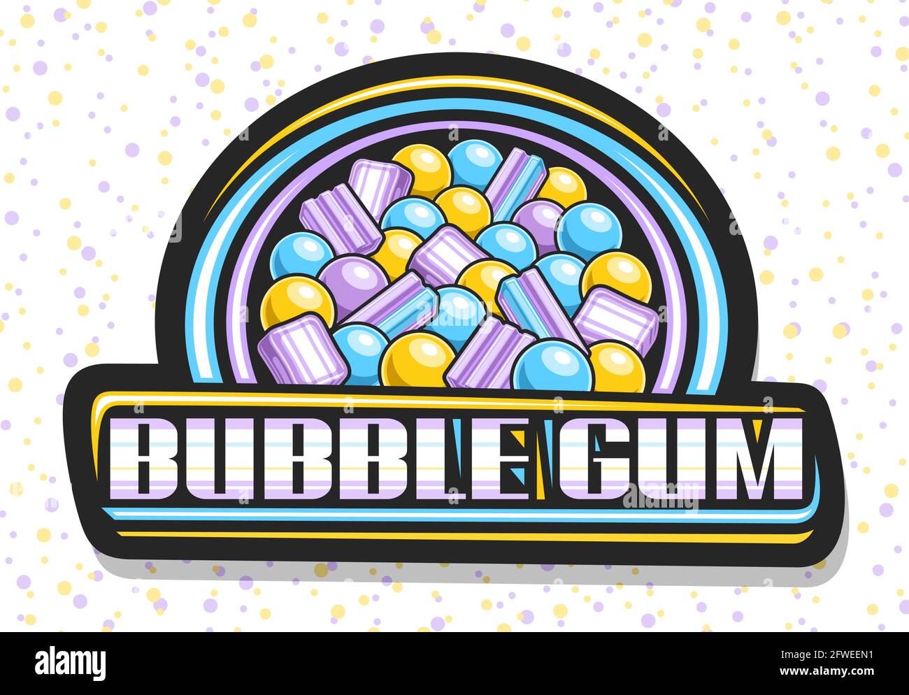 Vector logo for Bubble Gum, black decorative signboard with illustration of different colorful bubblegums and candy, dark badge with unique brush lett Stock Vector