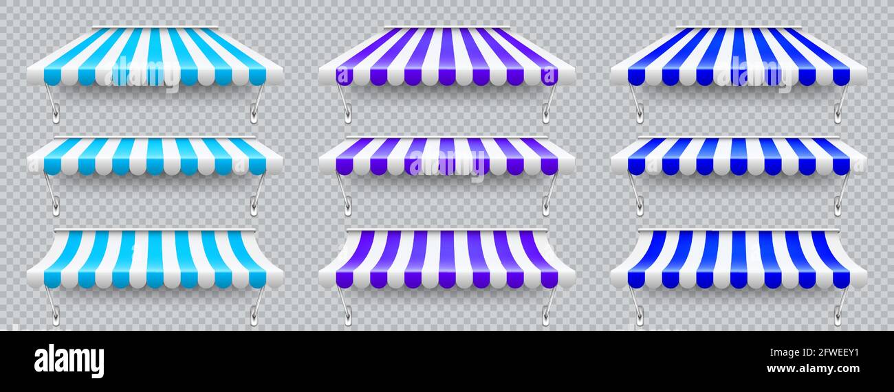 Shop sunshade with metal mount. Realistic blue, violet striped cafe ...