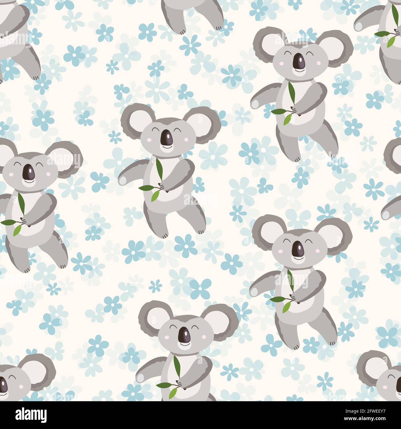 Seamless pattern with cute koala baby and flowers on color background ...