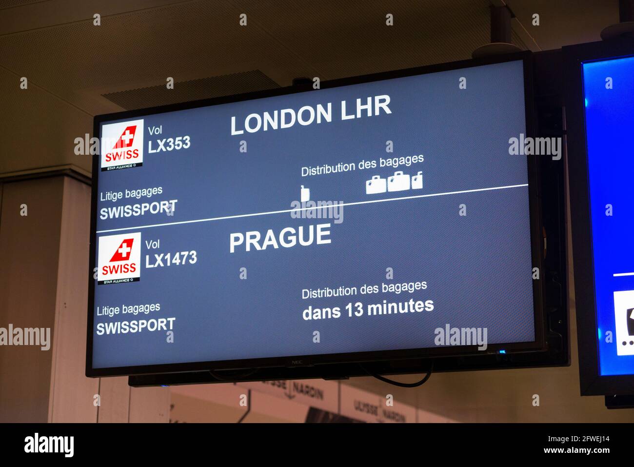 Information monitor screen above luggage reclaim carousel belt / tapis à  bagage, where passengers on incoming flights collect their baggage at Geneva  airport / Genève Aéroport, Switzerland. (100 Stock Photo - Alamy