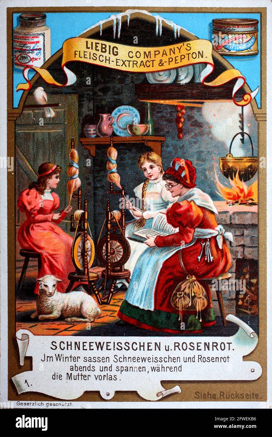 Fairy Tale Snow White And Rose Red In The Winter Snow White And Rose Red Sat At The Spinning Wheel In The Evening While The Mother Reads Aloud Marchen Schneeweisschen Und