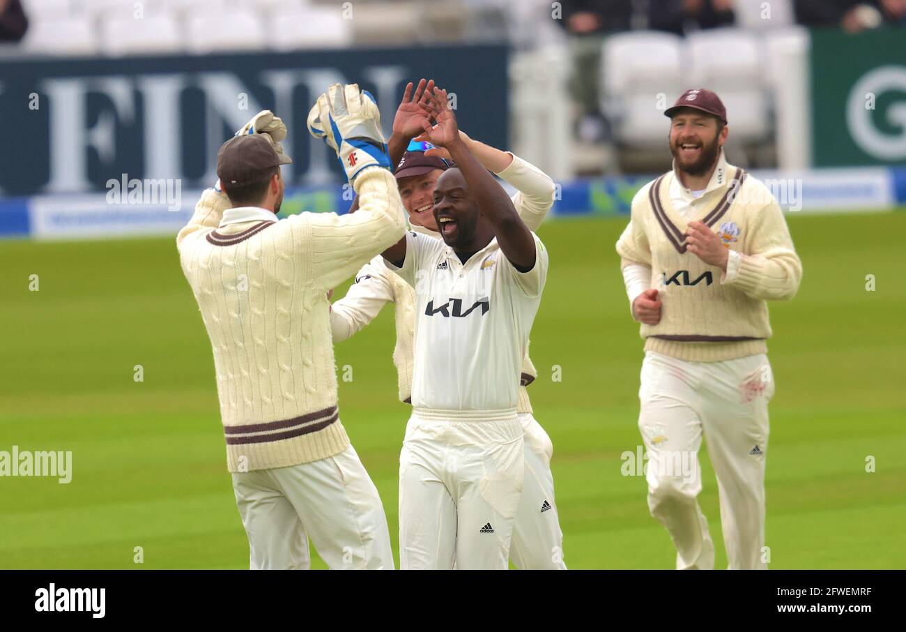 22 May, 2021. London, UK. Surrey’s Kemar Roach gets the wicket of Middlesex’s Jack Davies as Surrey take on Middlesex in  the County Championship at the Kia Oval, day three David Rowe/Alamy Live News s Stock Photo