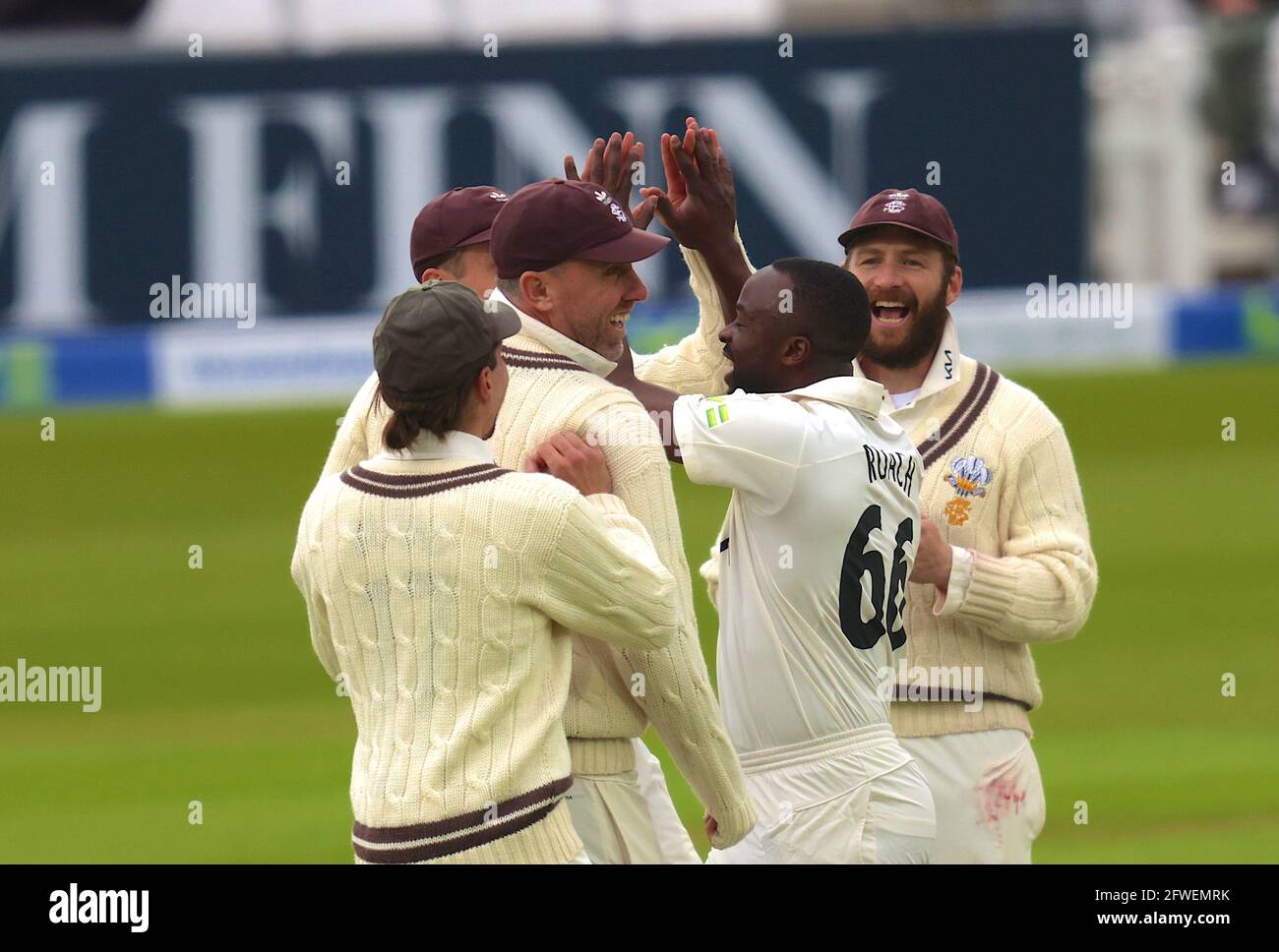 22 May, 2021. London, UK. Surrey’s Kemar Roach gets the wicket of Middlesex’s Jack Davies as Surrey take on Middlesex in  the County Championship at the Kia Oval, day three David Rowe/Alamy Live News Stock Photo