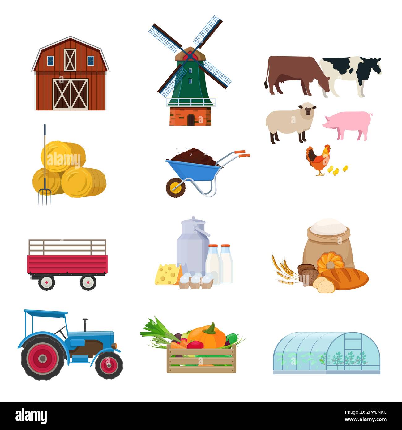 Set of farm buildings, animals and products Stock Vector