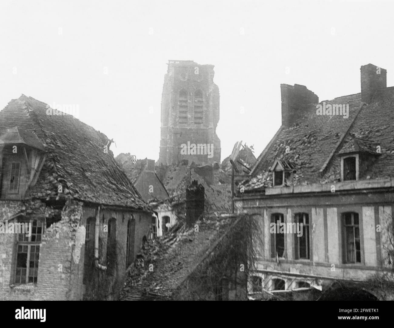 World War One, WWI, Western Front - The damaged church tower in Bethune, Pas-de-Calais Department, Northern France Stock Photo