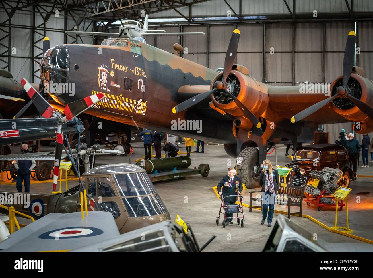 Barbara Weatherill (left), who served in the anti-aircraft command of the Royal Artillery during World War II, chats to Yorkshire Air Museum's Managing Director Barbara George (right) as they walk through a new display at the Yorkshire Air Museum in Elvington, that opened to the public today for the first time following the further easing of lockdown restrictions in England. Picture date: Saturday May 22, 2021. Stock Photo